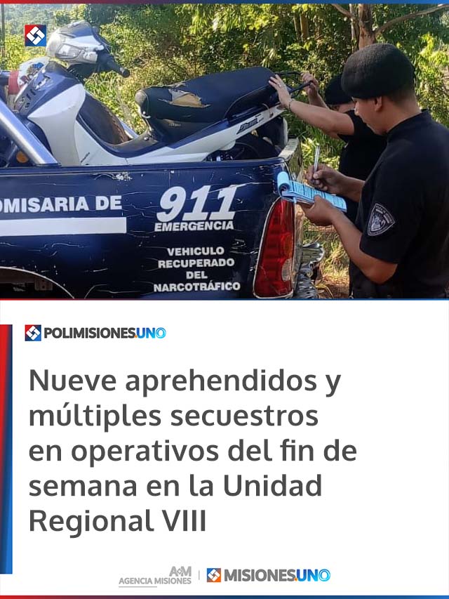 Nueve aprehendidos y múltiples secuestros en operativos del fin de semana en la Unidad Regional VIII